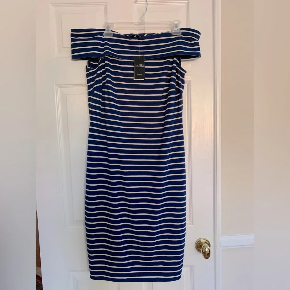 NWT Ralph Lauren Midi Dress Blue w/White Stripes Cold Shoulder Stretch Cotton 14 - Picture 1 of 11